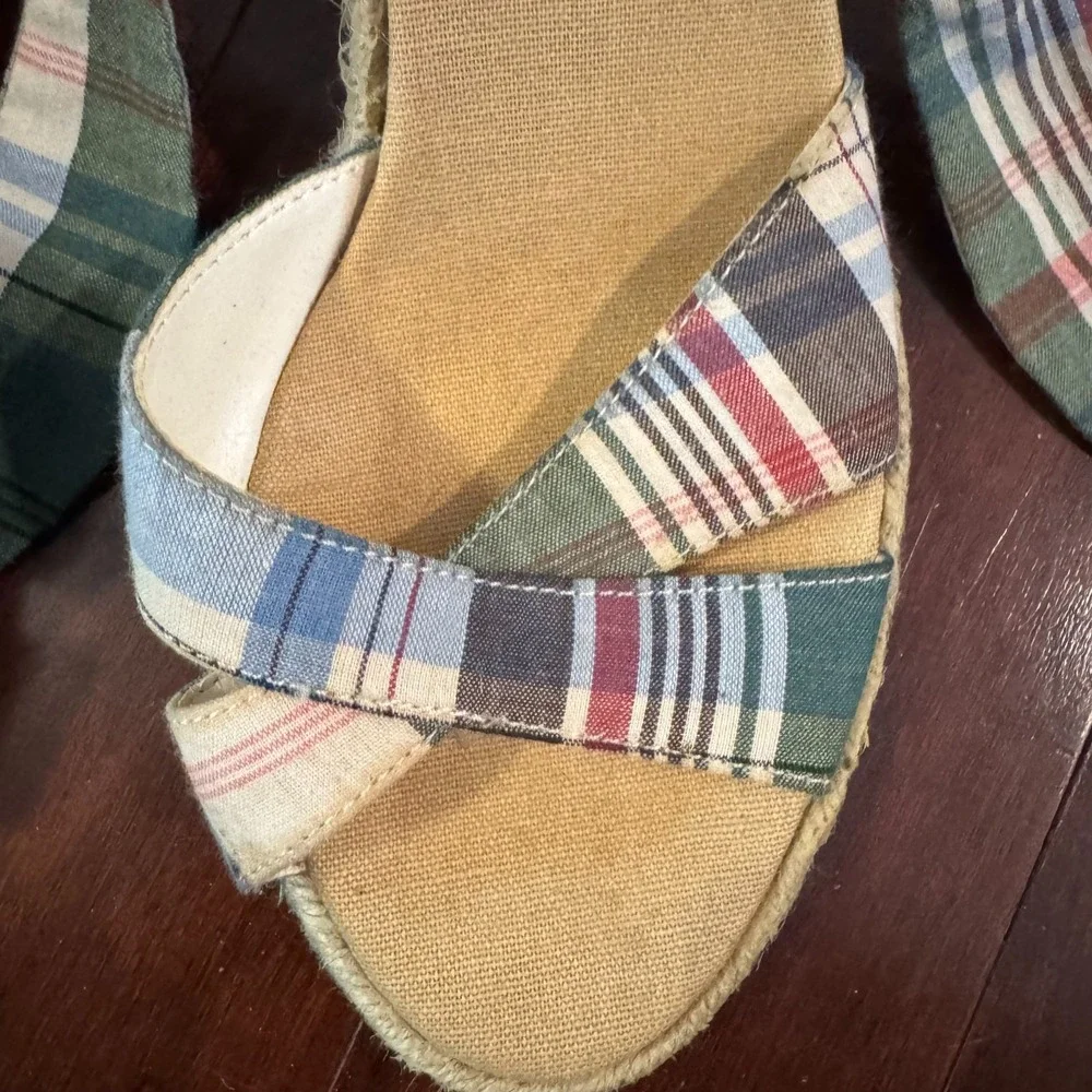 Tommy Hilfiger Plaid Espadrille Wedge Sandals Fabric Ankle Tie 3.5
